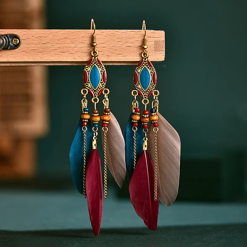 Boho Feather Earrings with Natural Stone