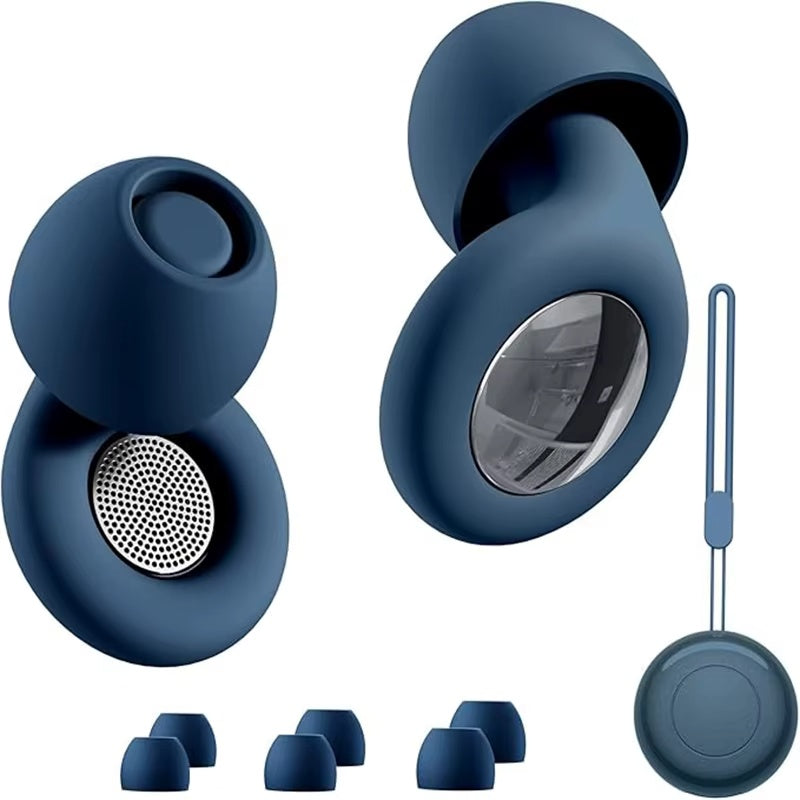 Bouchons d'oreilles en silicone bleu nuit avec trois tailles d'embouts et étui à cordon