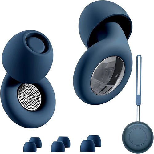 Bouchons d'oreilles en silicone bleu nuit avec trois tailles d'embouts et étui à cordon