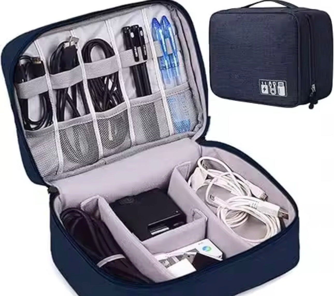 Organisateur de câbles de voyage bleu marine, rangement ouvert