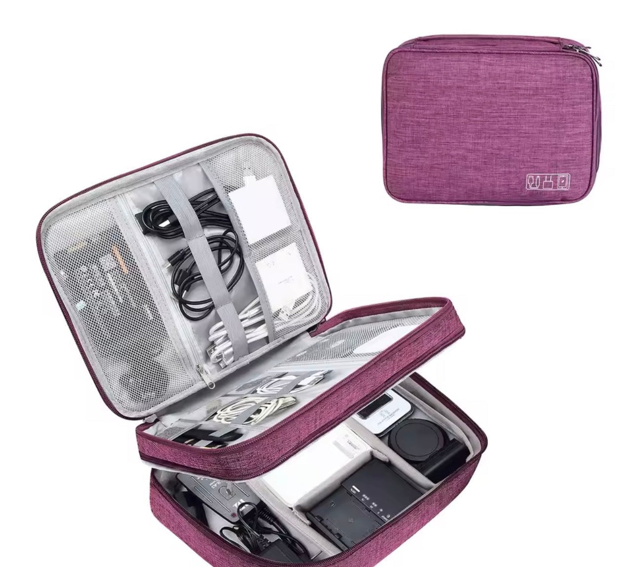 Organisateur de câbles de voyage violet, rangement ouvert avec appareil photo