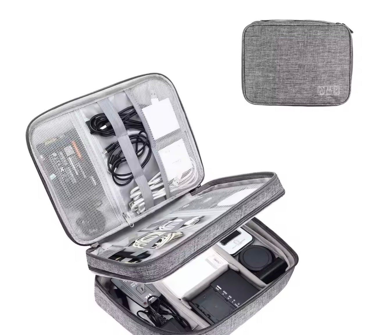 Organisateur de câbles de voyage gris, rangement ouvert avec appareil photo