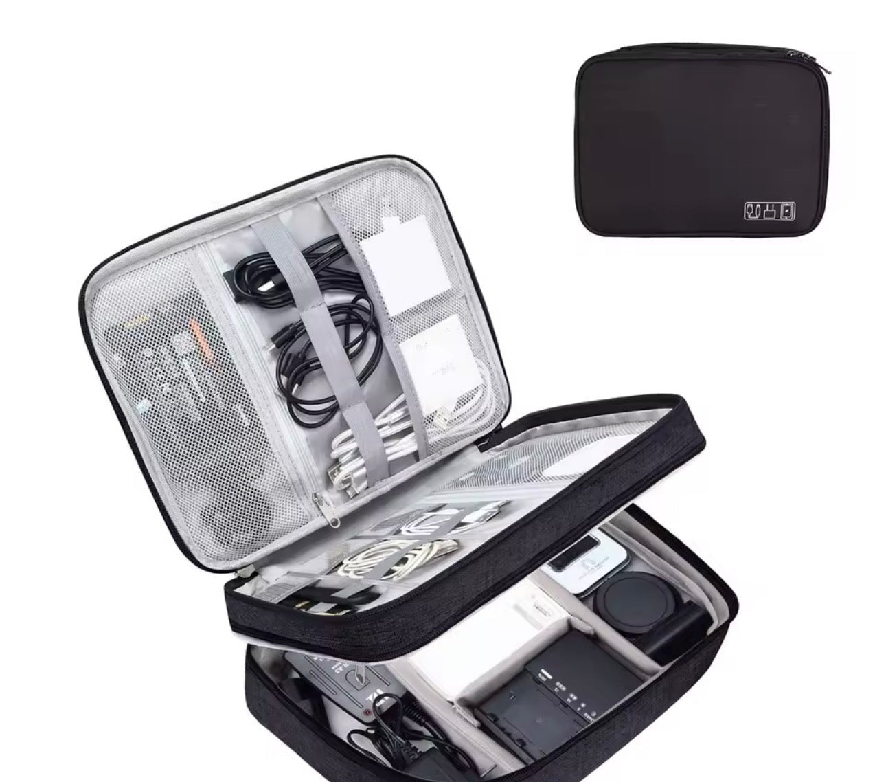 Organisateur de câbles de voyage noir, rangement ouvert avec appareil photo